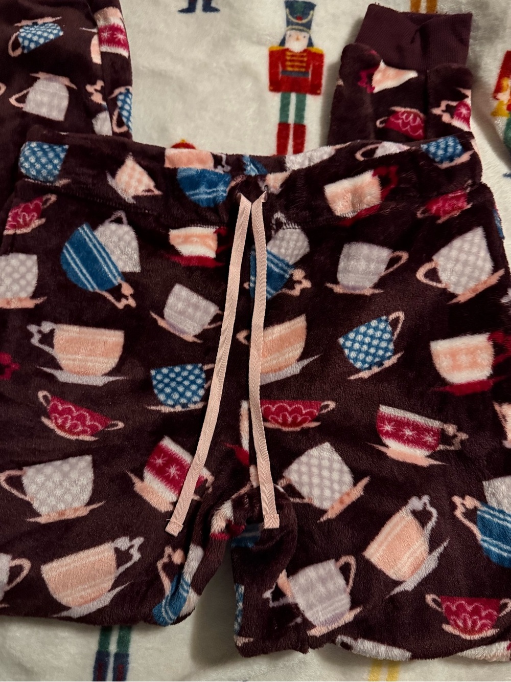 Cozy Plush Brown Tea Cup Print Pajama Bottoms with Pink & Blue Accents